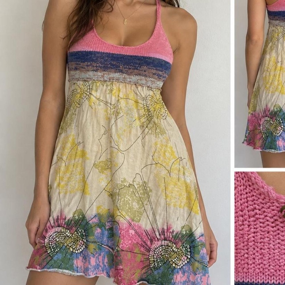 Free People Women's XS Pink Floral Mixed Media Knit Mini Dress